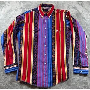 Vtg Wrangler X Long Tails Shirt Mens 16 34 Red Blue Aztec Cowboy Cut Western USA